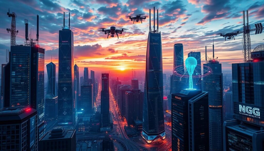 5G Era-A futuristic cityscape illustrating the impact of 5G expansion, featuring sleek skyscrapers with antennas and high-tech infrastructure, vibrant neon lights, flying drones, and interconnected digital networks, depicting a sense of global connectivity and advanced technology, at sunset with a dramatic sky, by Techinsights360.