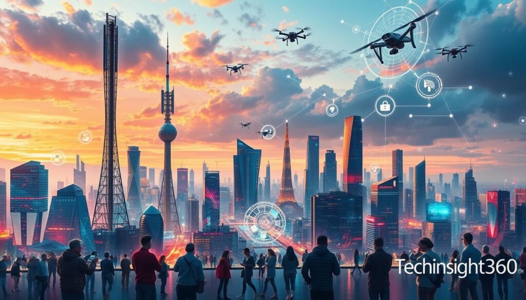 5G  expansion, "Futuristic cityscape with towering 5G cell towers, interconnected networks of glowing data streams, diverse people using smart devices, drones flying overhead, vibrant colors depicting technological advancement, digital connectivity symbols in the atmosphere, seamless integration of nature and technology, Techinsights360."